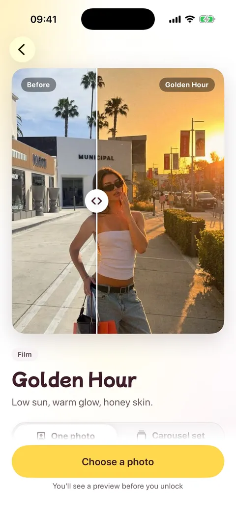 The Golden Hour look in Flashley, with a before and after comparison