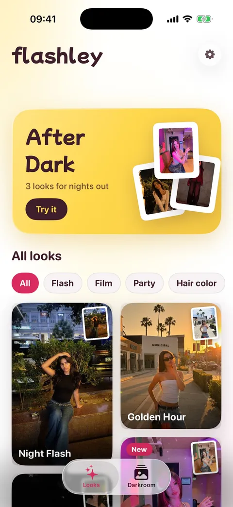 Flashley's Looks tab: this week's drop and a grid of looks
